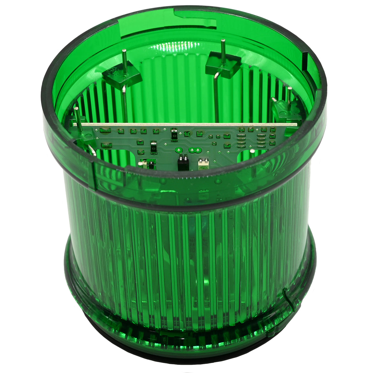 Cylindrical green stack light beacon on white background.