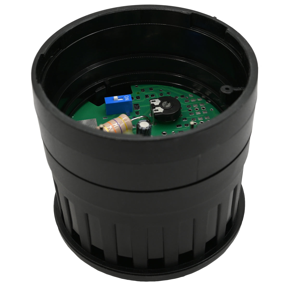 SL7-AP24 - Underside of black plastic stack light acoustic module showing some internal electrical components. Part shown on white background.