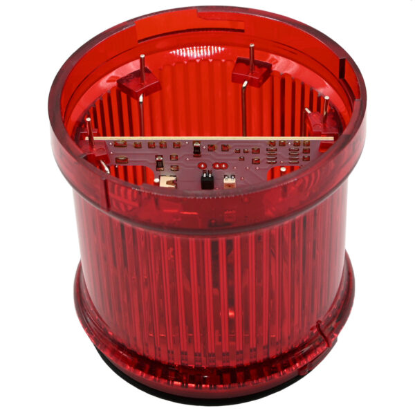 Cylindrical red stack light beacon on white background.
