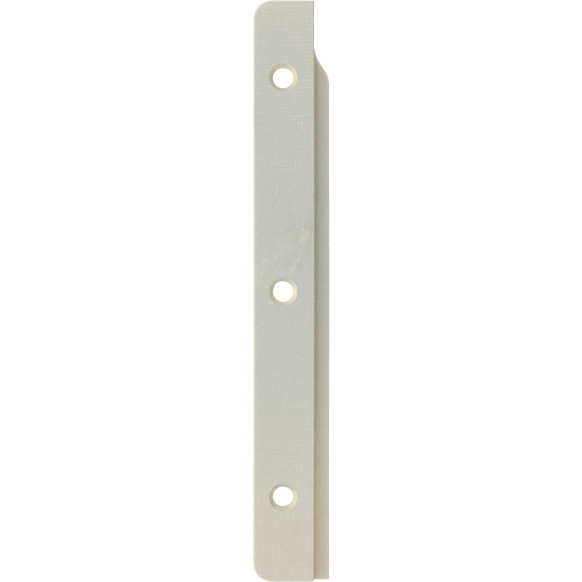 Machined blade like part made of hard anodized aluminum on white background. The part has three threaded holes and 202L machined onto it's surface.