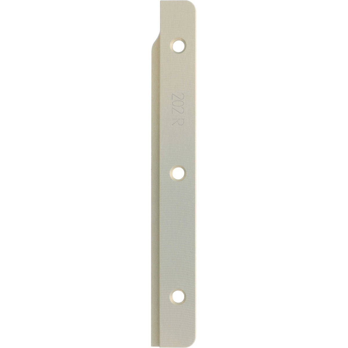 Machined blade like part made of hard anodized aluminum on white background. The part has three threaded holes and 202R machined onto it's surface.