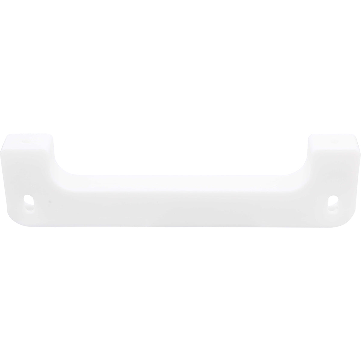 White plastic mounting bracket shaped like a shallow U with two holes used for mounting. Shown on white background.