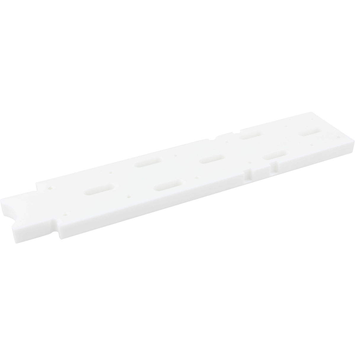 Flat white HDPE machined part with multiple holes cut into it. Part shown on white background.