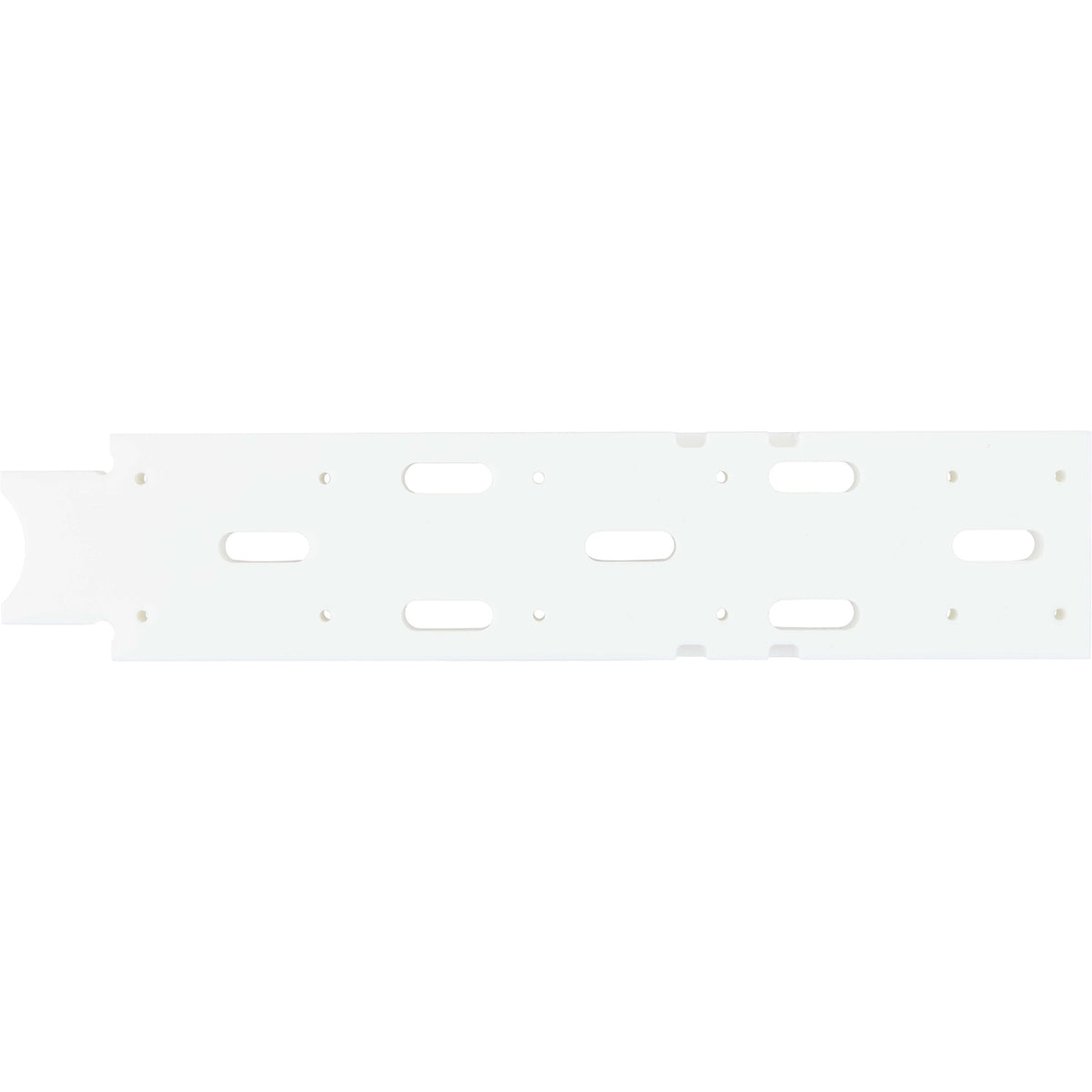 Flat white HDPE machined part with multiple holes cut into it. Part shown on white background.