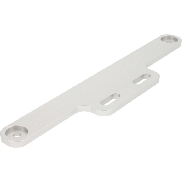 Grey hard anodized aluminum part with rounded edges and a recessed hole cut into each end. Two slotted holes are found on the part for mounting purposes. Part shown on white background.