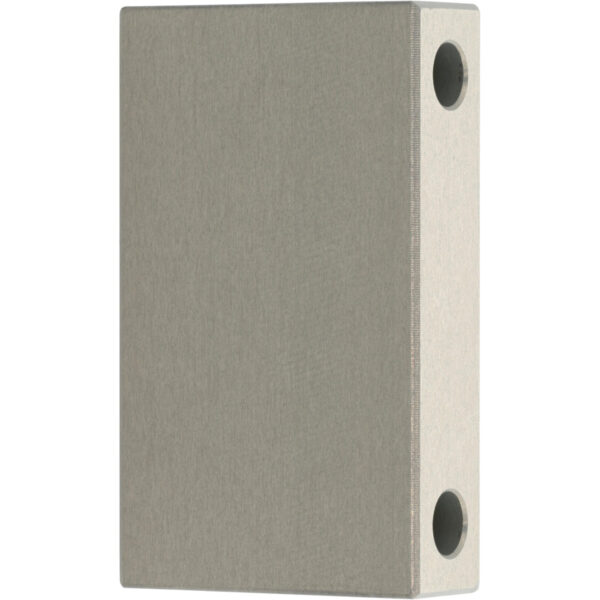 Rectangular grey hard anodized aluminum block with two through holes shown on white background.