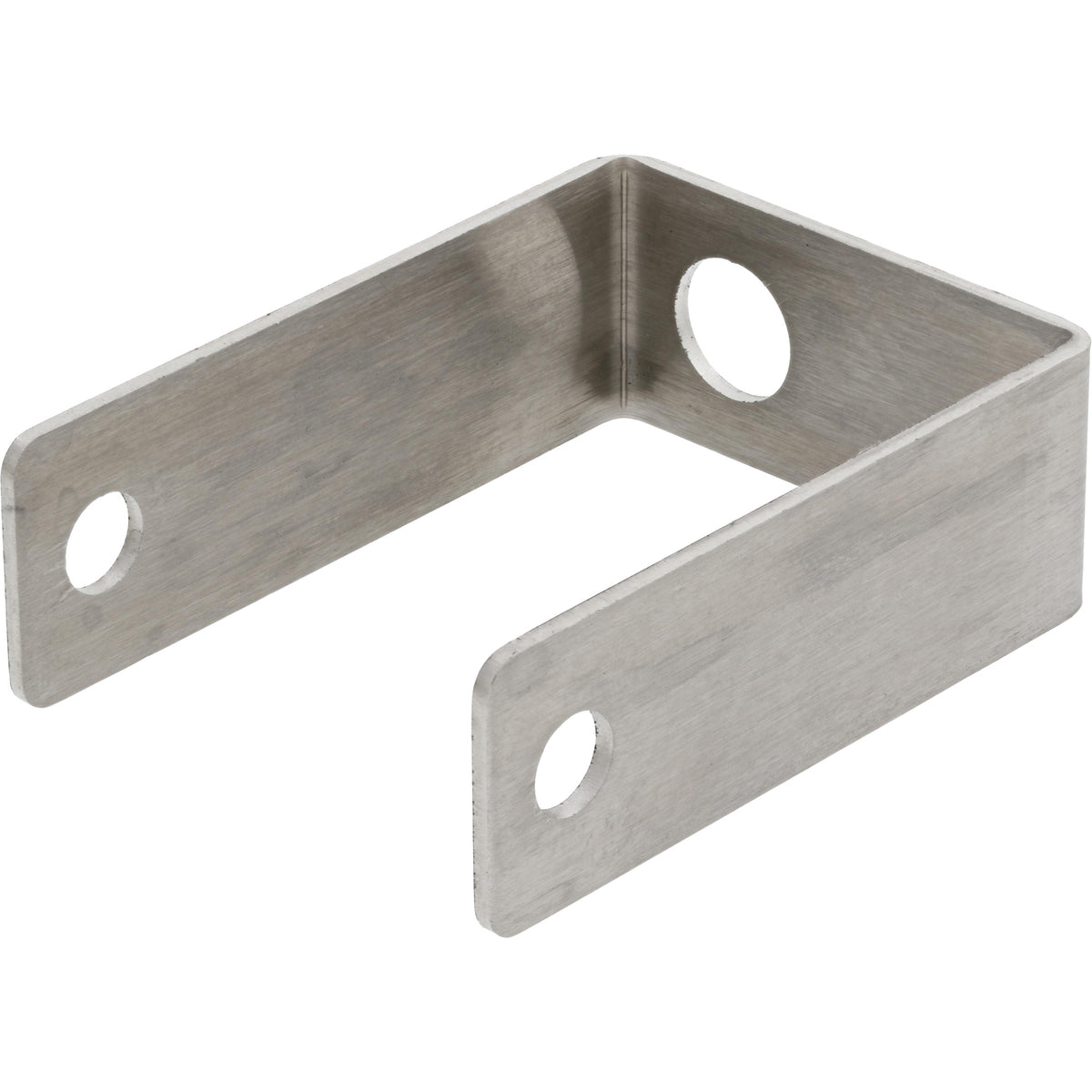 Bent stainless steel mounting bracket with holes on white background.