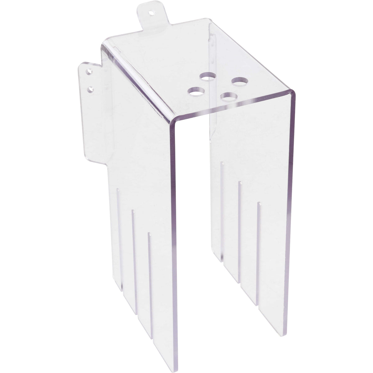 Bent, rectangular, clear polycarbonate part with multiple holes shown on a white background.