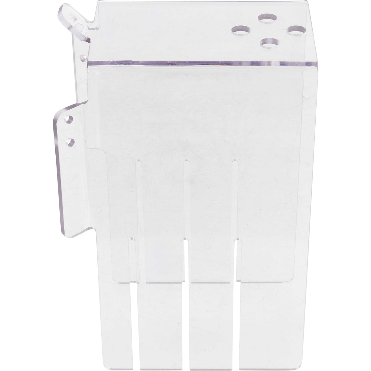 Bent, rectangular, clear polycarbonate part with multiple holes shown on a white background.