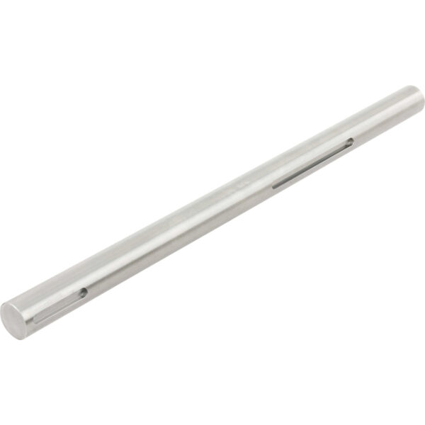 Stainless steel cylindrical rod with two slotted cutouts shown on white background.