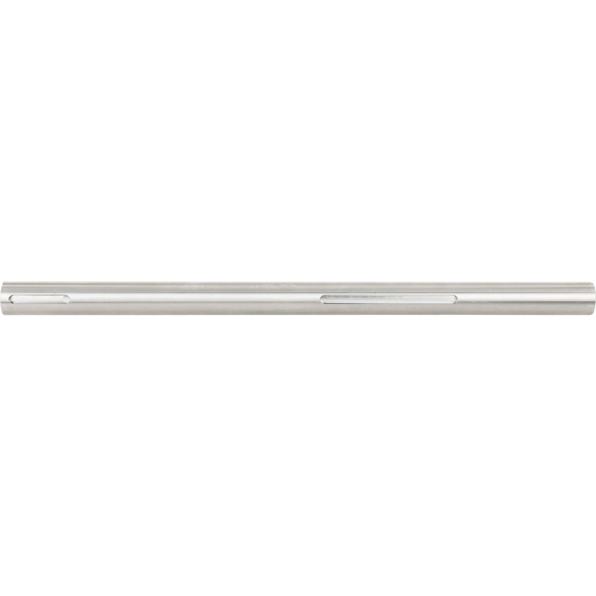 Stainless steel cylindrical rod with two slotted cutouts shown on white background.