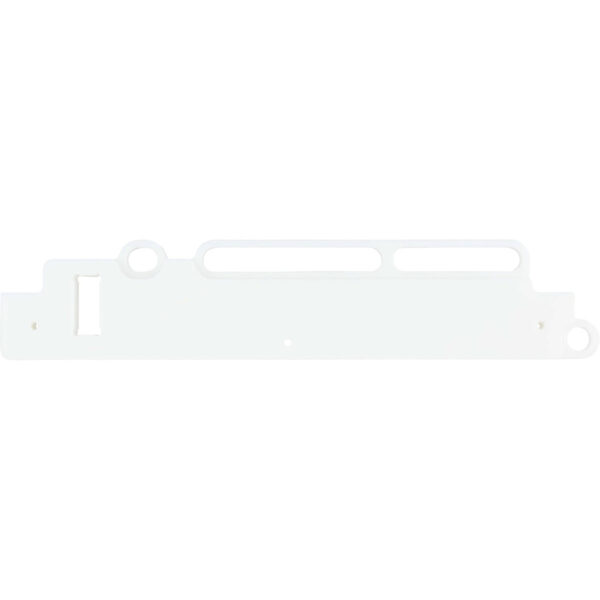 White plastic machined rail with sensor mounting holes shown on white background.
