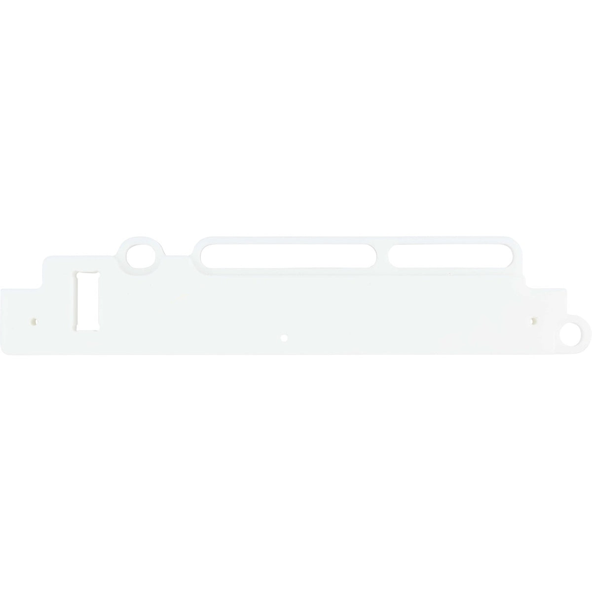 White plastic machined rail with sensor mounting holes shown on white background.