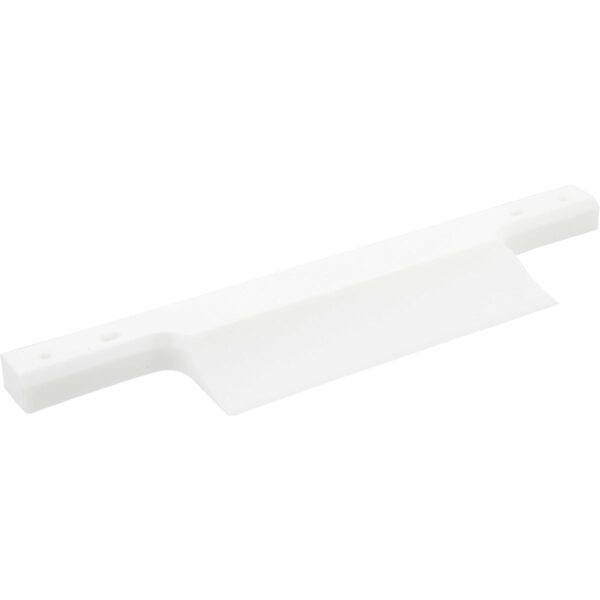 White plastic dead plate with tapered sharp edge and mounting through holes shown on white background.