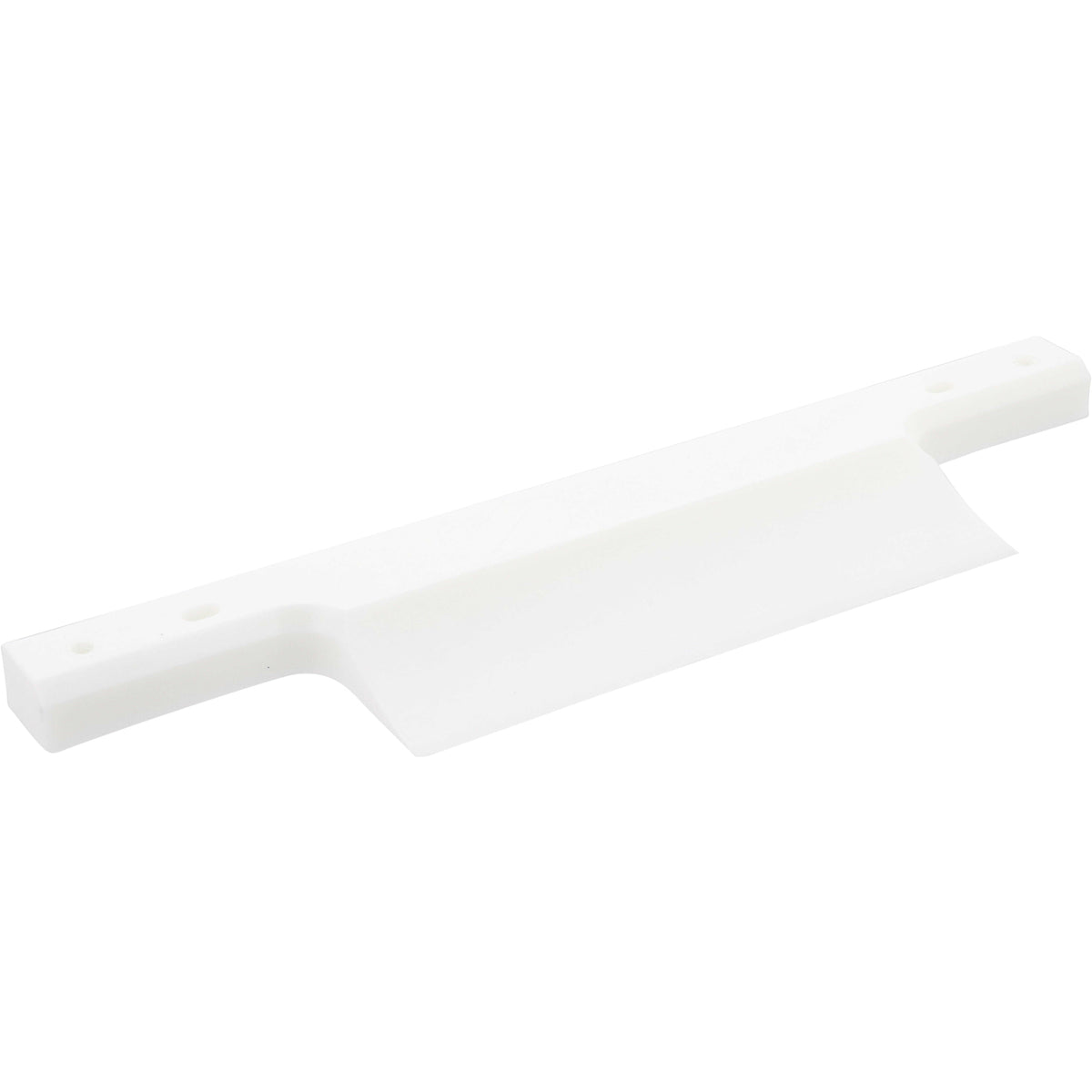 White plastic dead plate with tapered sharp edge and mounting through holes shown on white background.