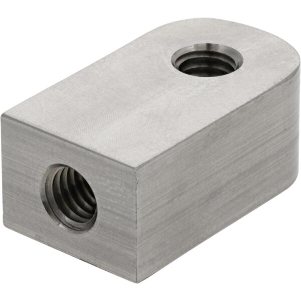 Stainless Steel Rectangular block with one rounded end and two threaded holes shown on white background.