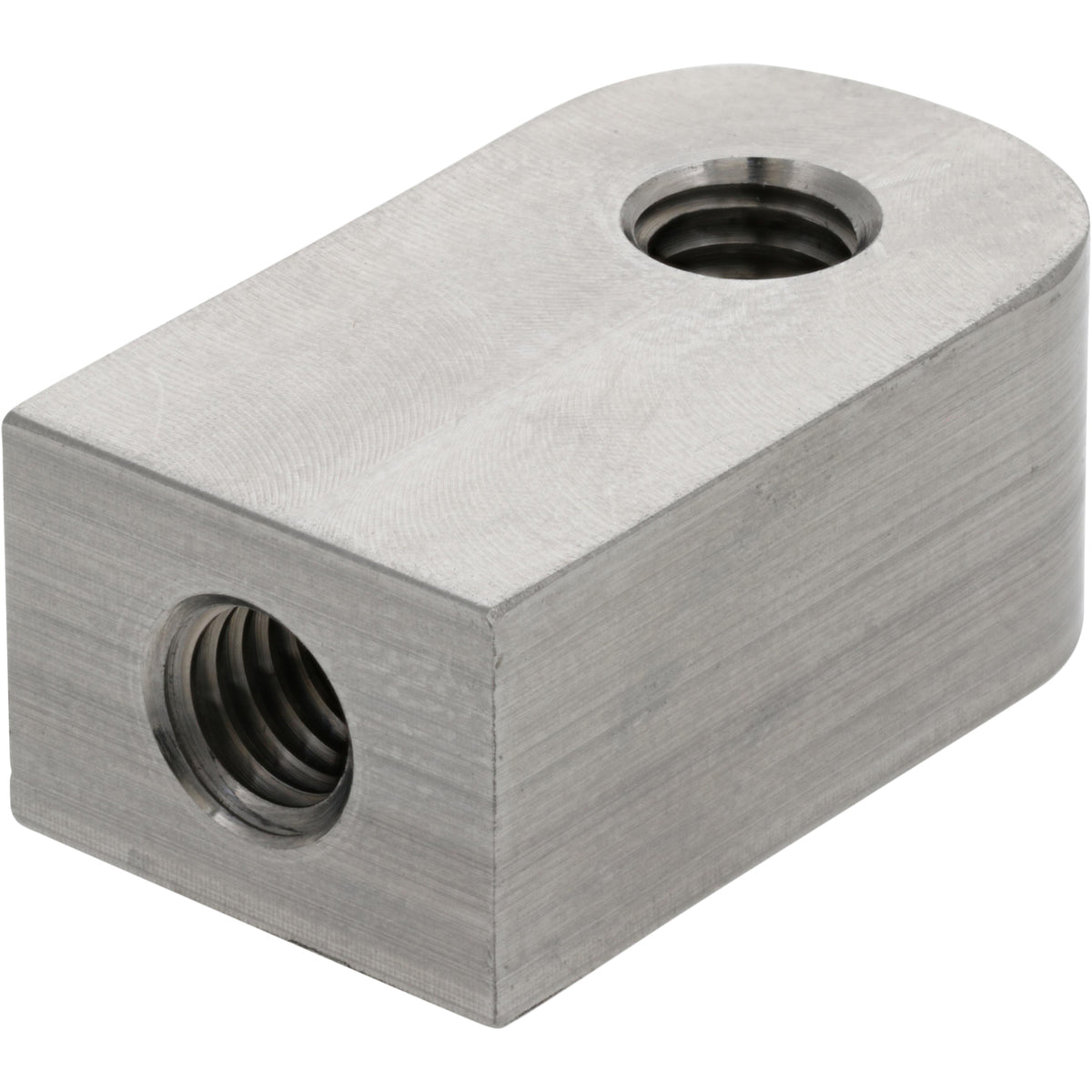 Stainless Steel Rectangular block with one rounded end and two threaded holes shown on white background.