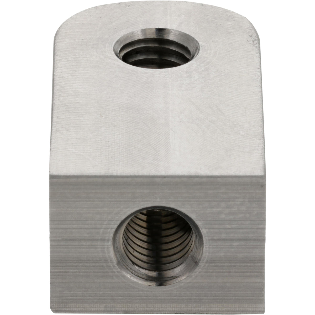 Stainless Steel Rectangular block with one rounded end and two threaded holes shown on white background.