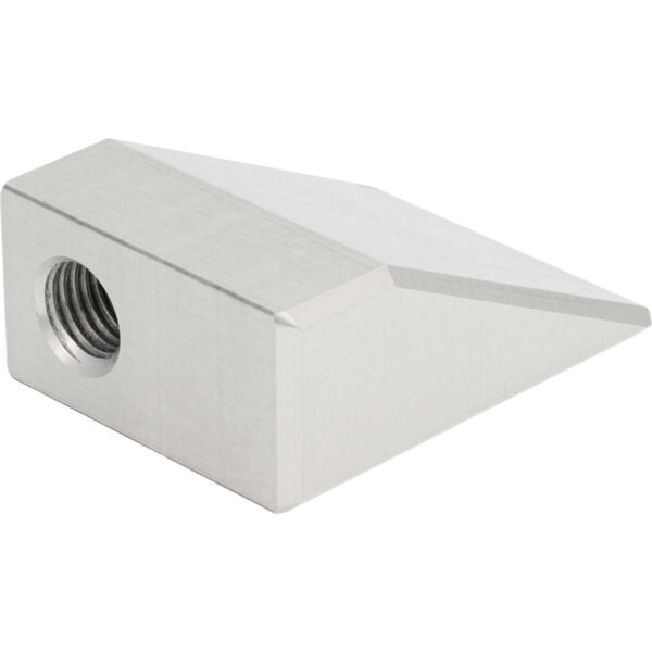 Wedge shaped hard anodized aluminum part with threaded hole on flat surface. Part shown on white background.