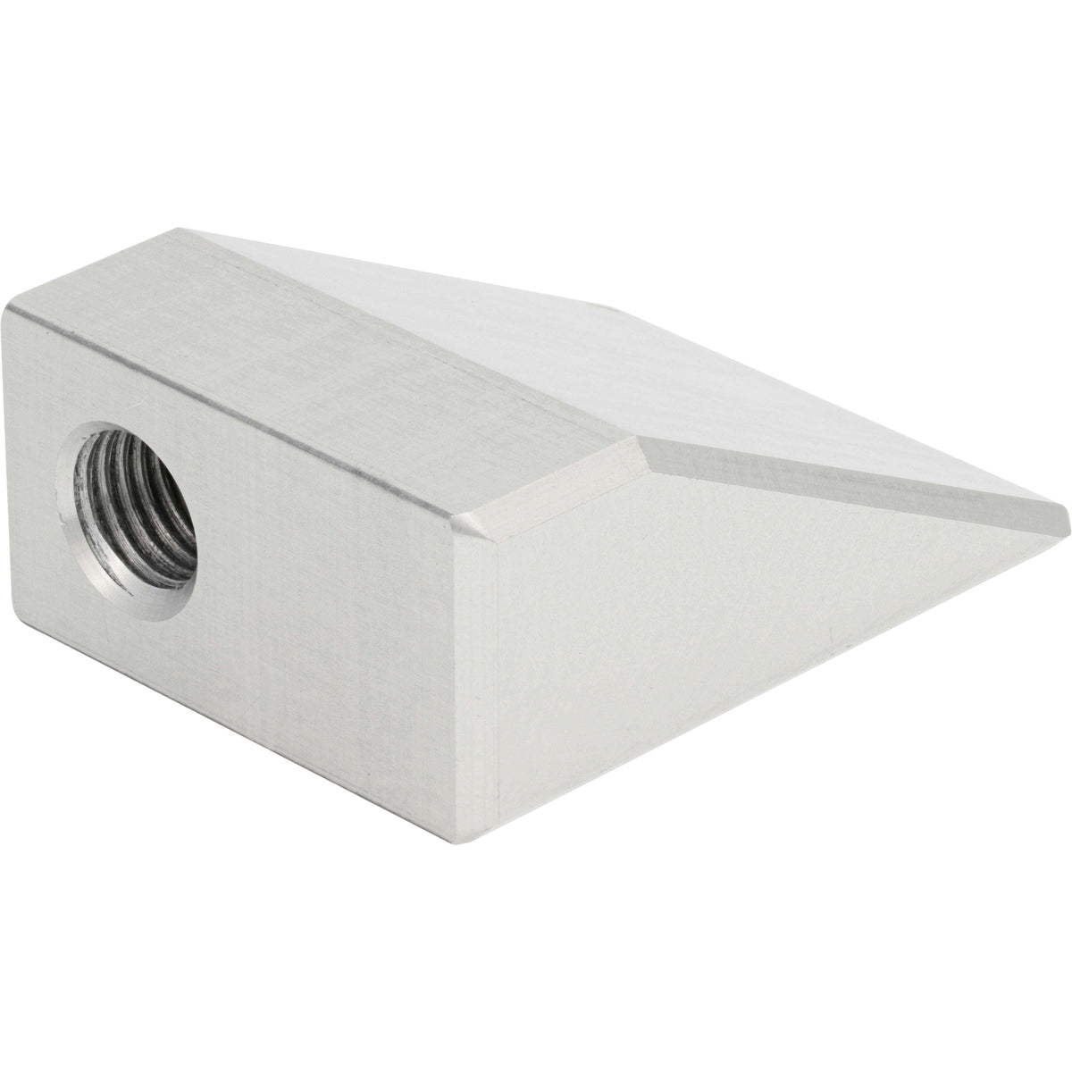 Wedge shaped hard anodized aluminum part with threaded hole on flat surface. Part shown on white background.