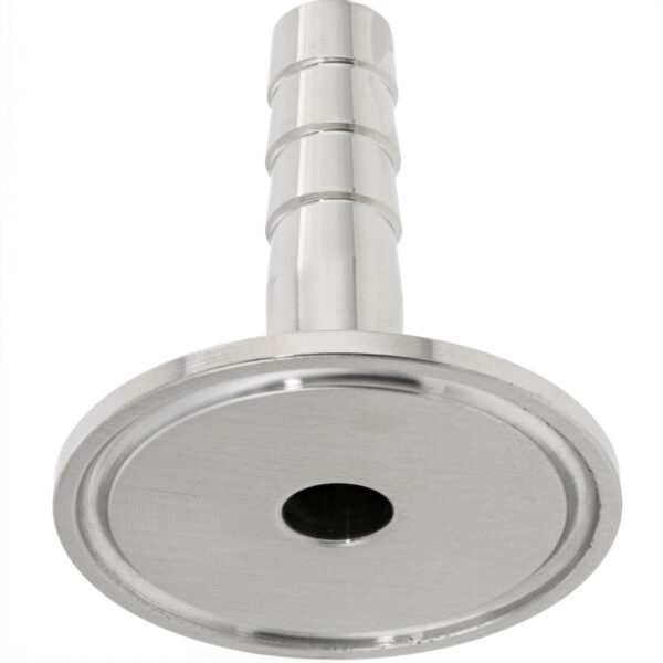 A stainless steel barbed pipe fitting with a central hole shown on a white background.