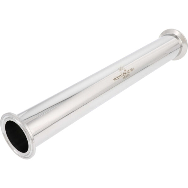 12 inch stainless steel extension tube with 1.5" tri clamp compatible ends shown on white background.
