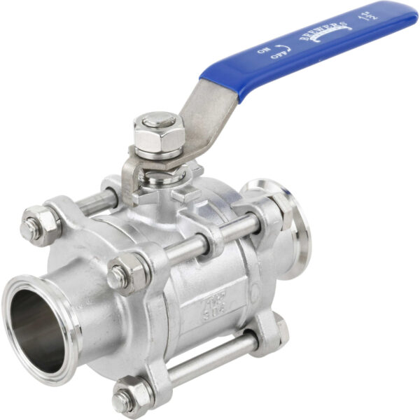 Stainless steel, three piece ball valve with blue handle in the open position. Part shown on white background.