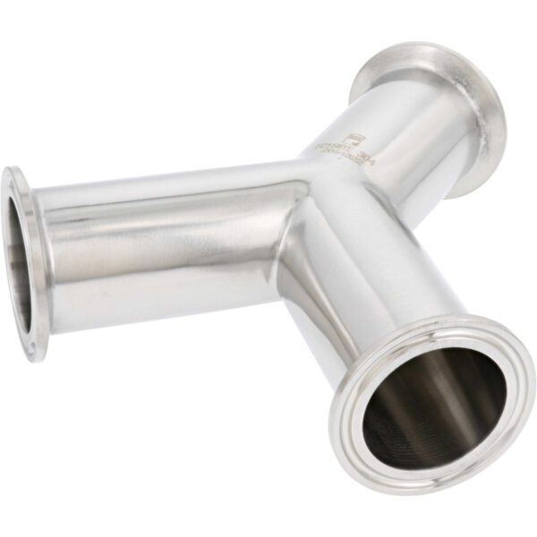 Highly polished stainless steel Wye with 1.5 inch Tri Clamp compatible ends on white background.
