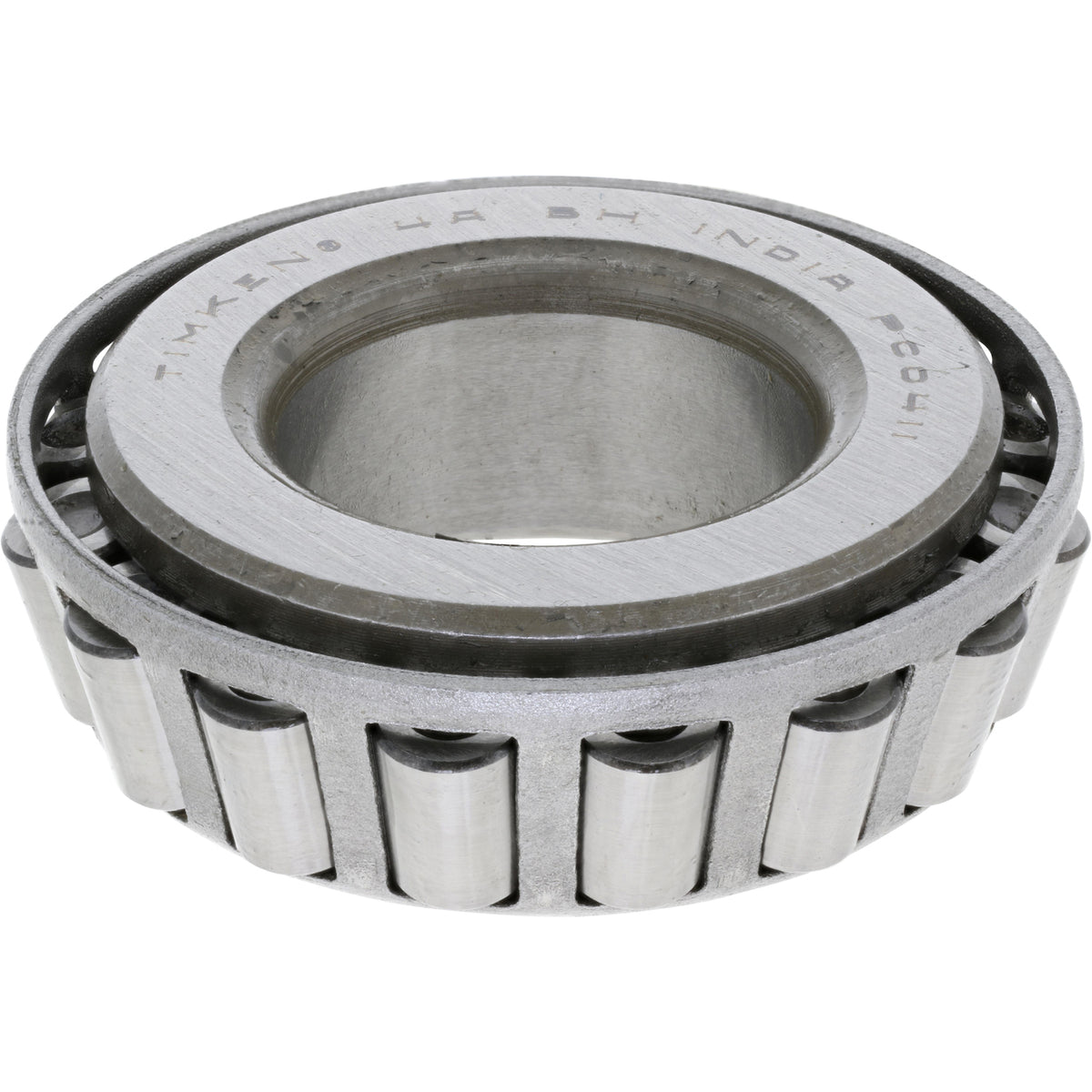 Steel tapered bearing on white background.