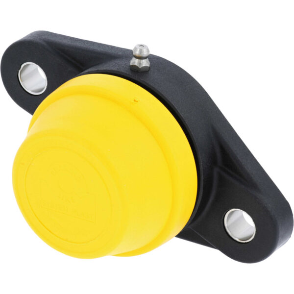 Black pillow block with stainless steel grease zerk and solid yellow cap on white background.