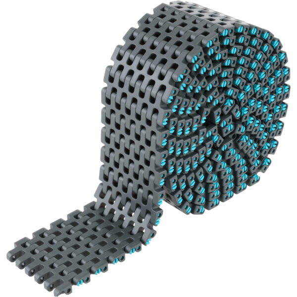 Coiled grey conveyor chain with aqua colored connecting pins. Conveyor chain shown on white background.