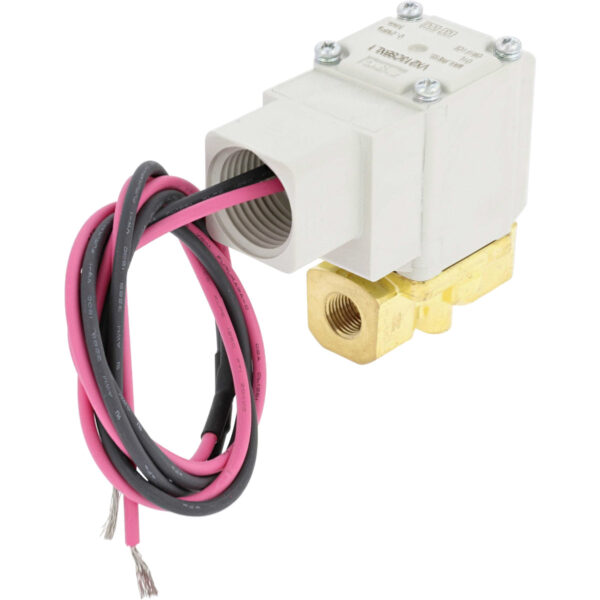 Two way media valve with red and black wires and brass threaded base on white background.