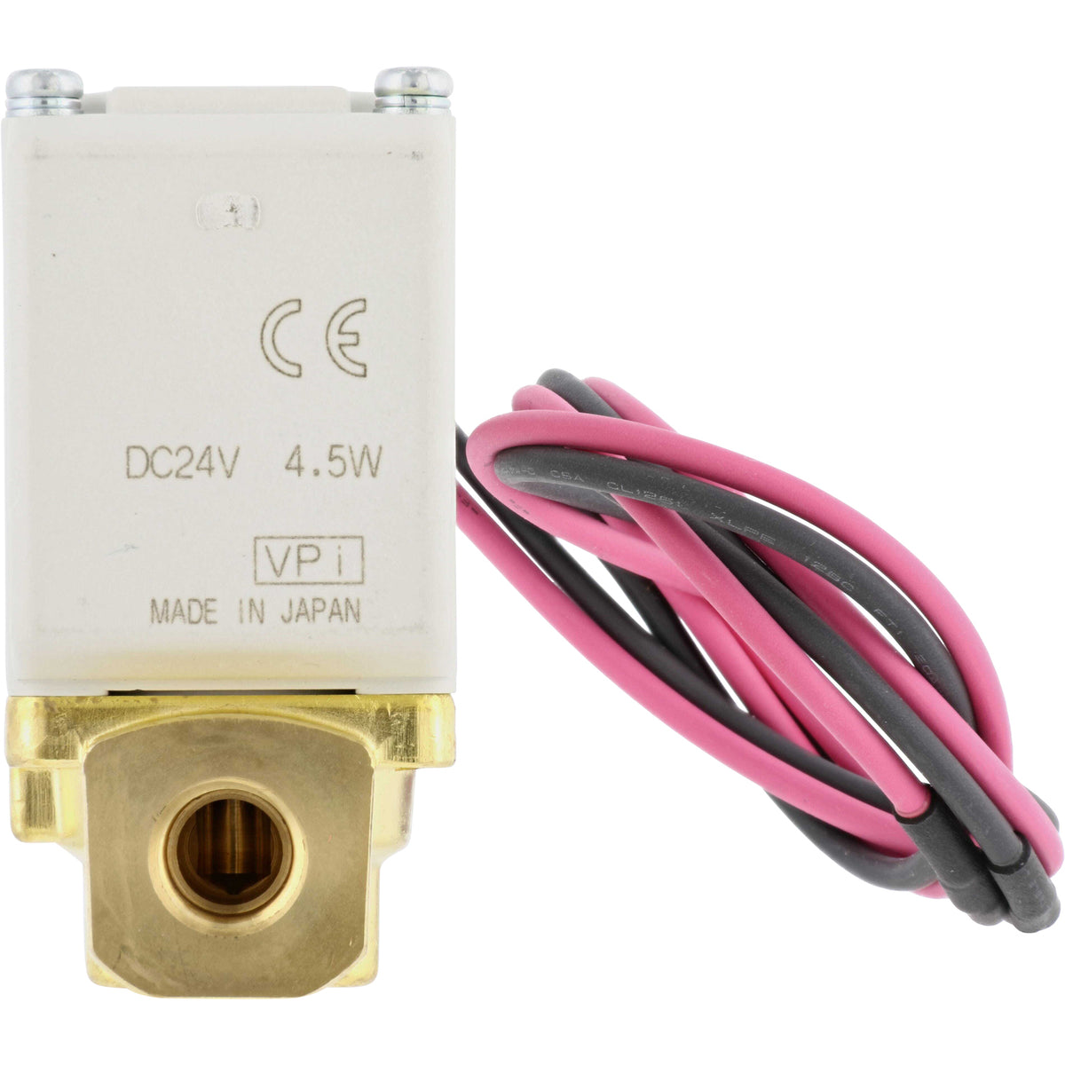 Two way media valve with red and black wires and brass threaded base on white background.