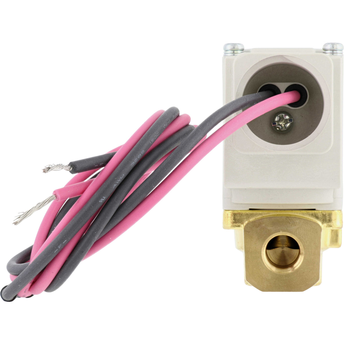 Two way media valve with red and black wires and brass threaded base on white background.