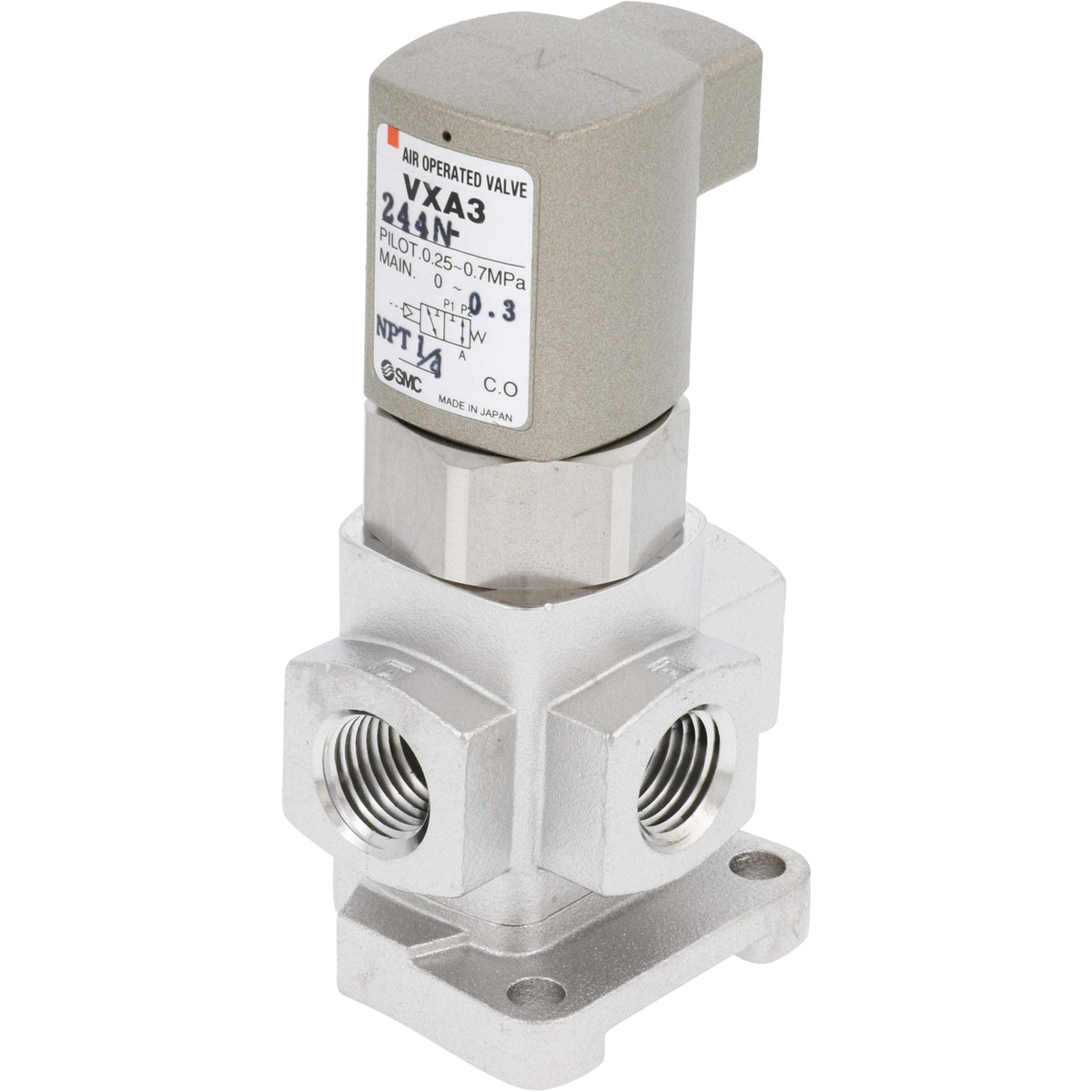 stainless steel three port valve on white background.