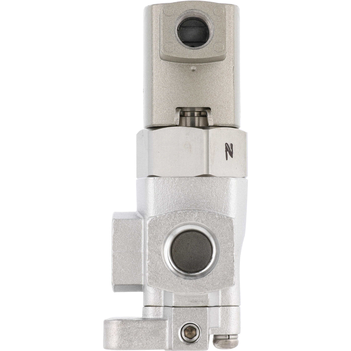 stainless steel three port valve on white background.