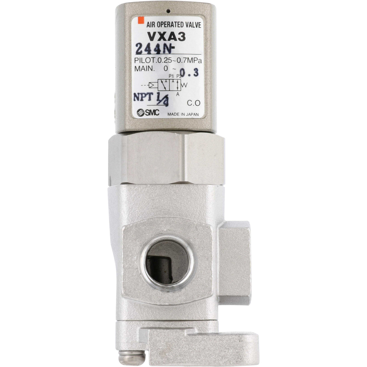 stainless steel three port valve on white background.