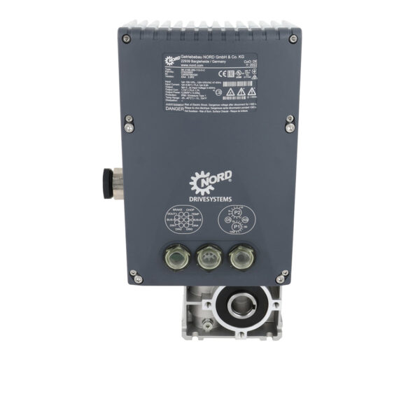 Grey Nord VFD and gearbox mounted to motor shown on white background.