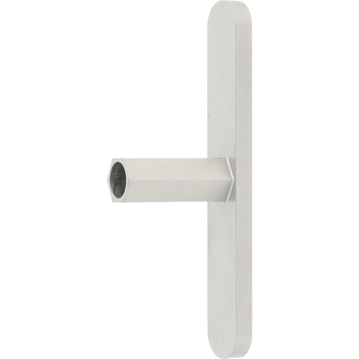A "T" shaped part made of hard anodized aluminum with flat rounded handle placed vertically and a horizontal hollow hexagonal post shown on white background.