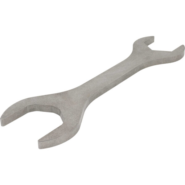 Stainless steel open end box wrench on white background.