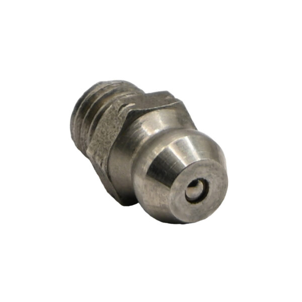 Stainless steel grease zerk fitting on white background.