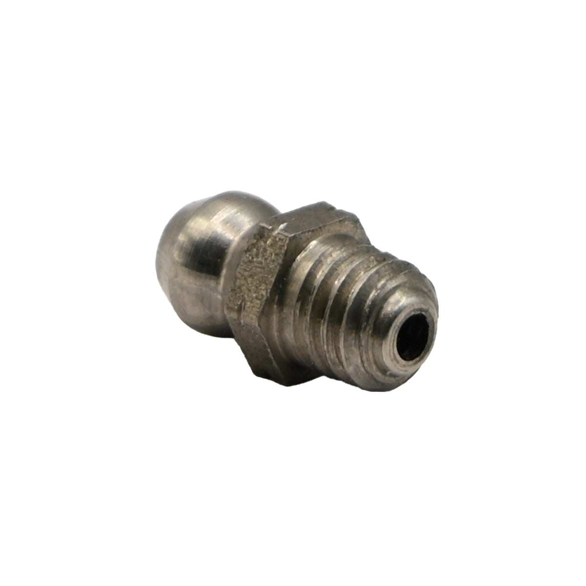 Stainless steel grease zerk fitting on white background.